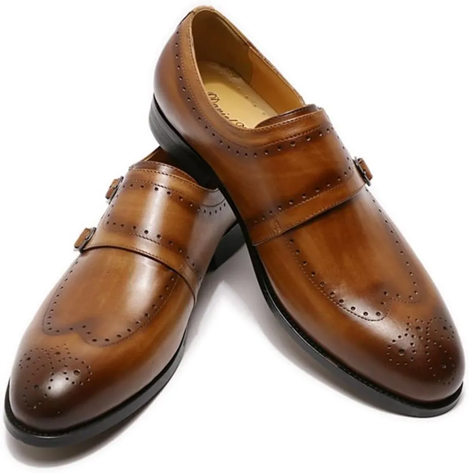 Single Season Formal Shoes Dress Oxford for Men Slip On Brogue Embossed Wing-tip Double Monk Strap Round Toe Cowhide Non Slip Rubber Sole Slip Resistant Casual Very Popular Among Young pe Brown