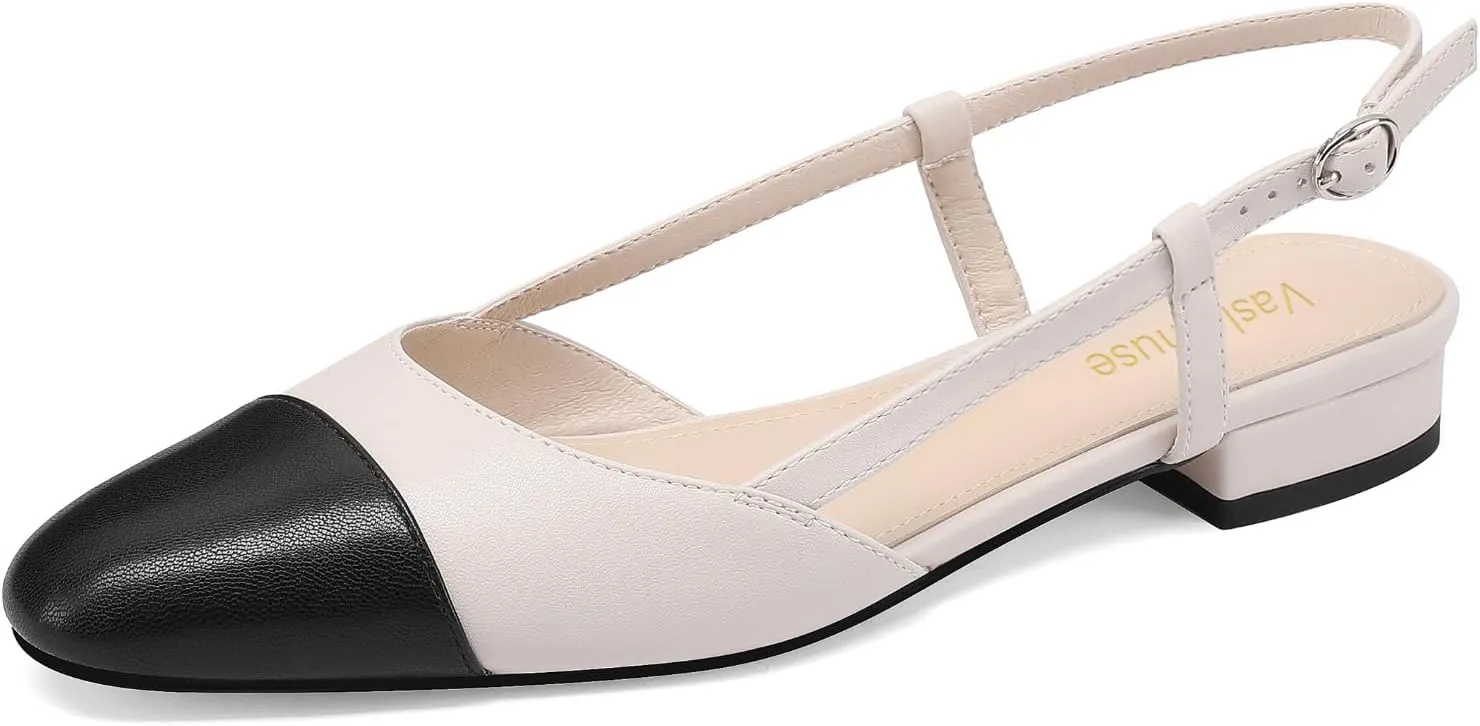 Slingback Flats for Women Two Toned Double Strap Block Low Heel Flats Classic Womens Sandals Comfortable Dressy
