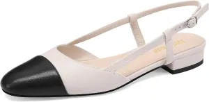 Slingback Flats for Women Two Toned Double Strap Block Low Heel Flats Classic Womens Sandals Comfortable Dressy