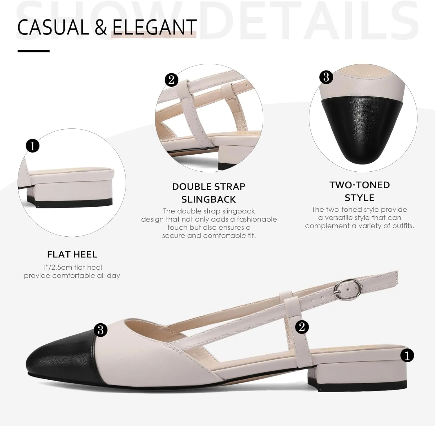 Slingback Flats for Women Two Toned Double Strap Block Low Heel Flats Classic Womens Sandals Comfortable Dressy