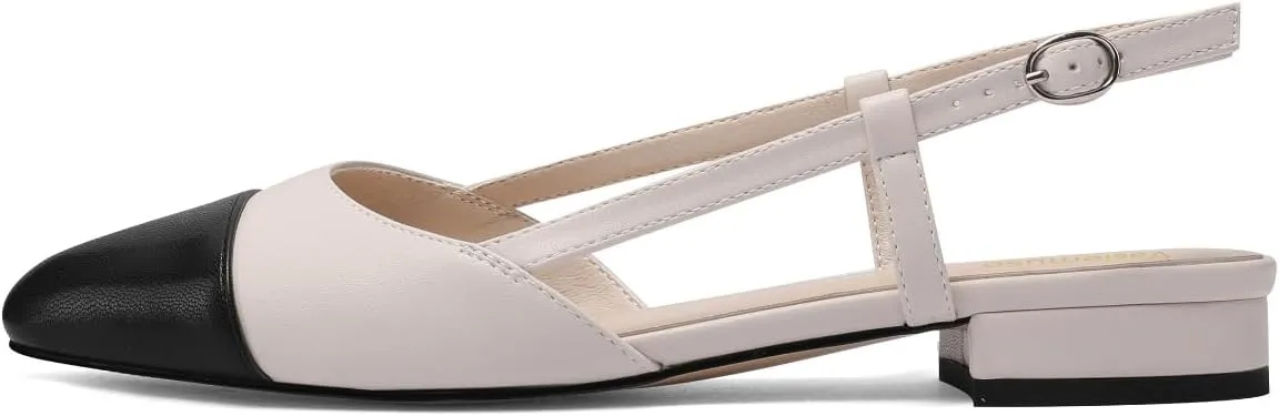 Slingback Flats for Women Two Toned Double Strap Block Low Heel Flats Classic Womens Sandals Comfortable Dressy