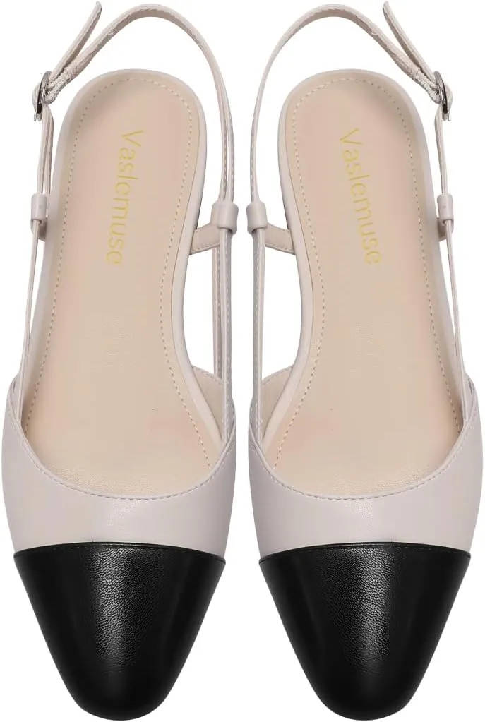 Slingback Flats for Women Two Toned Double Strap Block Low Heel Flats Classic Womens Sandals Comfortable Dressy