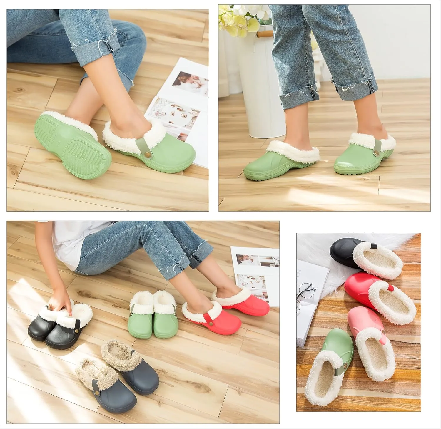 SMajong Mens Fur Lined Clogs Womens Waterproof Slippers Garden Shoes Winter Warm Plush Home House Slippers Indoor Outdoor Mules