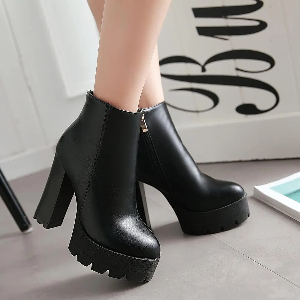 SO SIMPOK Womens Fashion Lace Up Chunky Heel Goth Platform Ankle Boots Zipper Round Toe Punk Motorcycle Combat Riding Boots