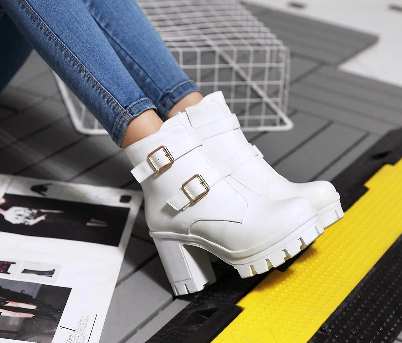 SO SIMPOK Womens Fashion Lace Up Chunky Heel Goth Platform Ankle Boots Zipper Round Toe Punk Motorcycle Combat Riding Boots
