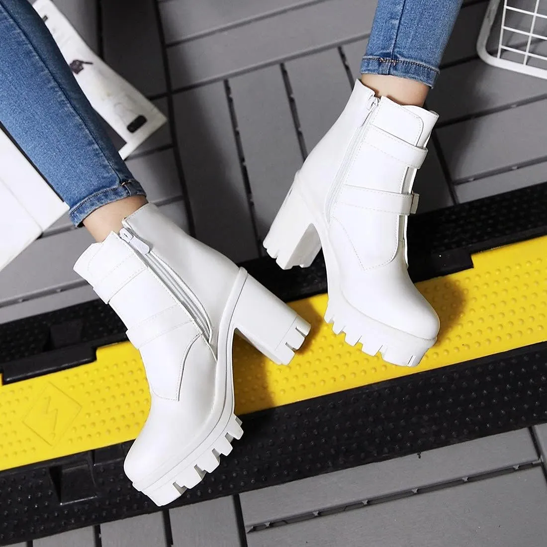 SO SIMPOK Womens Fashion Lace Up Chunky Heel Goth Platform Ankle Boots Zipper Round Toe Punk Motorcycle Combat Riding Boots