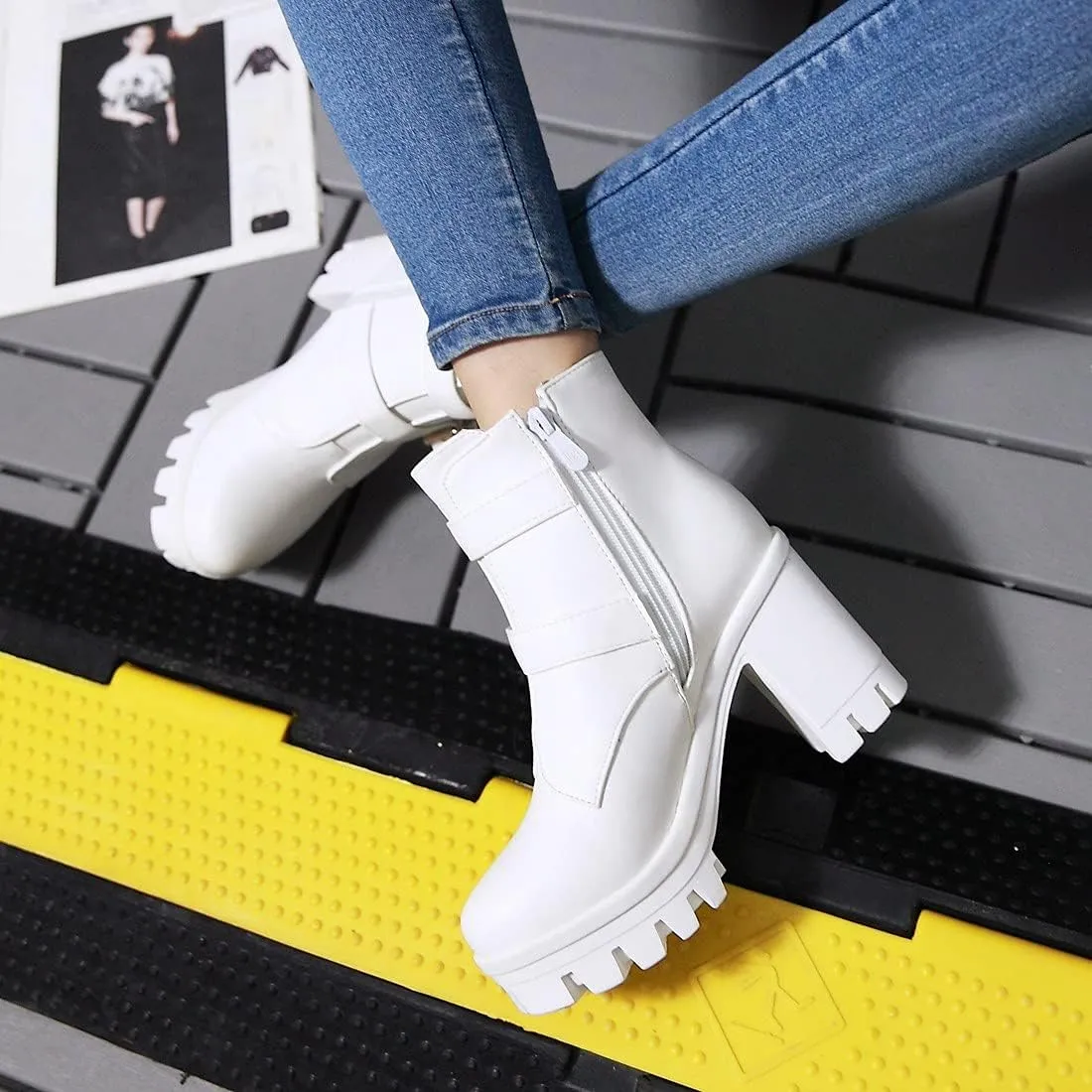 SO SIMPOK Womens Fashion Lace Up Chunky Heel Goth Platform Ankle Boots Zipper Round Toe Punk Motorcycle Combat Riding Boots
