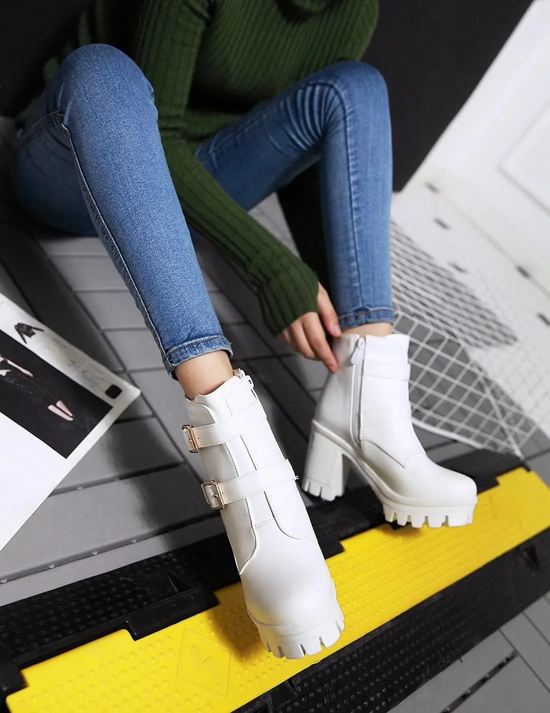SO SIMPOK Womens Fashion Lace Up Chunky Heel Goth Platform Ankle Boots Zipper Round Toe Punk Motorcycle Combat Riding Boots