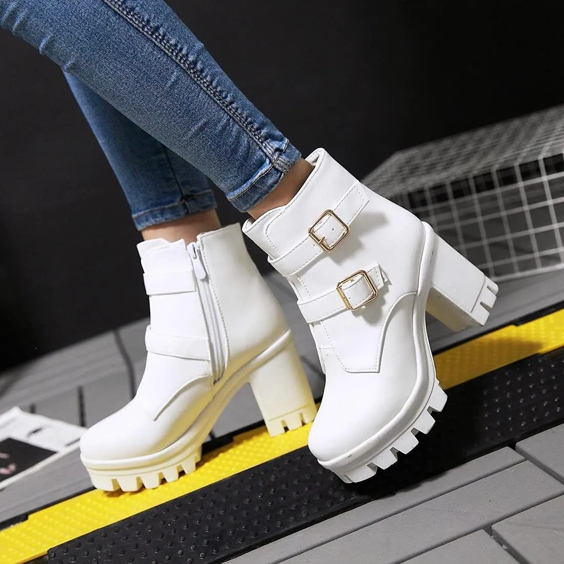 SO SIMPOK Womens Fashion Lace Up Chunky Heel Goth Platform Ankle Boots Zipper Round Toe Punk Motorcycle Combat Riding Boots