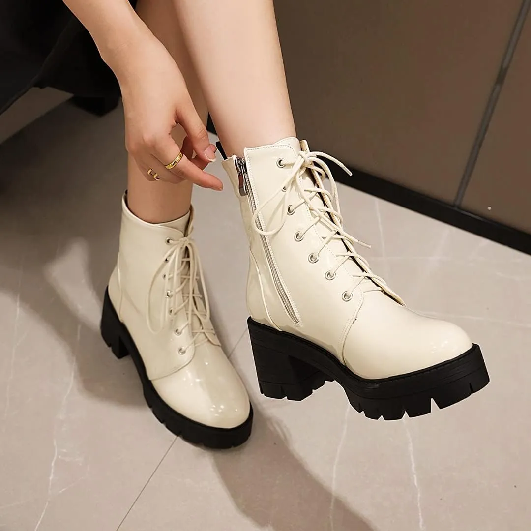 SO SIMPOK Womens Punk Goth Lace Up Platform Chunky Ankle Boots Round Toe Motorcycle Block High Heel Combat Boots