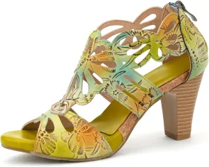 Socofy Women Leather Heeled Sandals Block Heels Roman Sandals Colorful Vintage Bohemian Sandal Chunky Heeled Sandals for Womens Bohemian Cutout Open Toe Summer Block Heeled Party Sandals