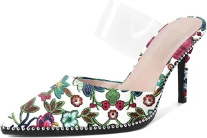 Soireelady Womens Heeled Mules Beaded Sandals Stiletto High Heel Pointed Closed Toe Slip On Clear Ankle Strap Heels Fashion Dress Shoes 3.5 Inches