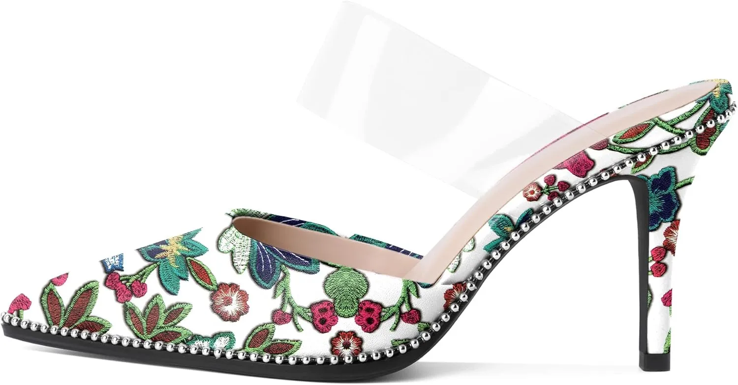 Soireelady Womens Heeled Mules Beaded Sandals Stiletto High Heel Pointed Closed Toe Slip On Clear Ankle Strap Heels Fashion Dress Shoes 3.5 Inches