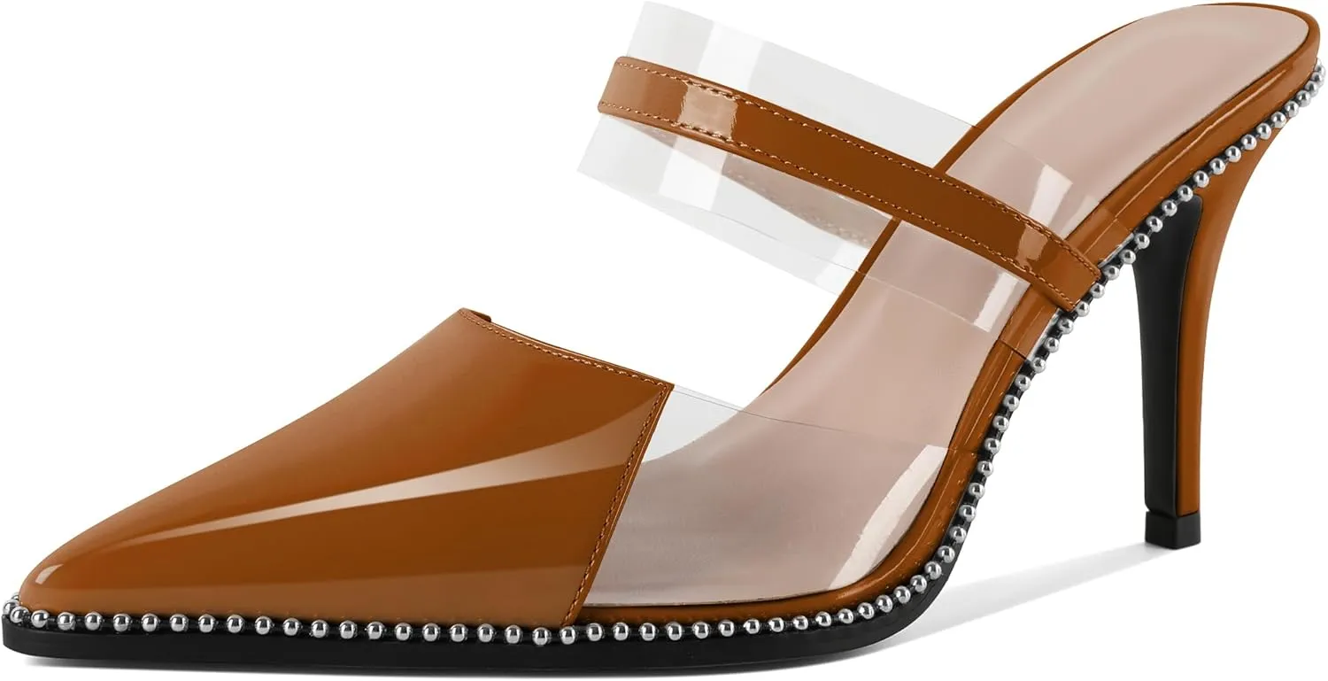 Soireelady Womens Heeled Mules Beaded Sandals Stiletto High Heel Pointed Toe Clear PVC Ankle Strap Dress Shoes 3.5 Inches