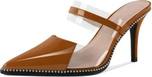 Soireelady Womens Heeled Mules Beaded Sandals Stiletto High Heel Pointed Toe Clear PVC Ankle Strap Dress Shoes 3.5 Inches