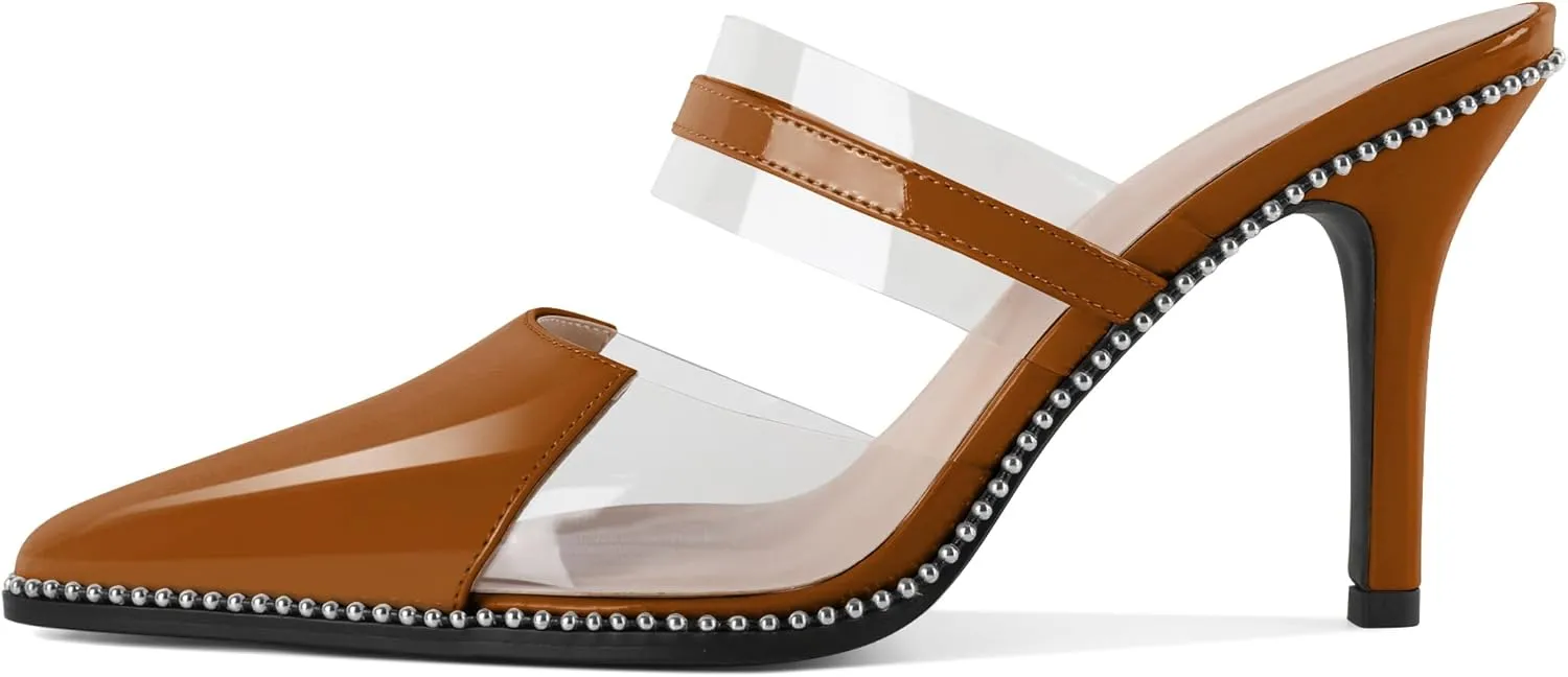 Soireelady Womens Heeled Mules Beaded Sandals Stiletto High Heel Pointed Toe Clear PVC Ankle Strap Dress Shoes 3.5 Inches