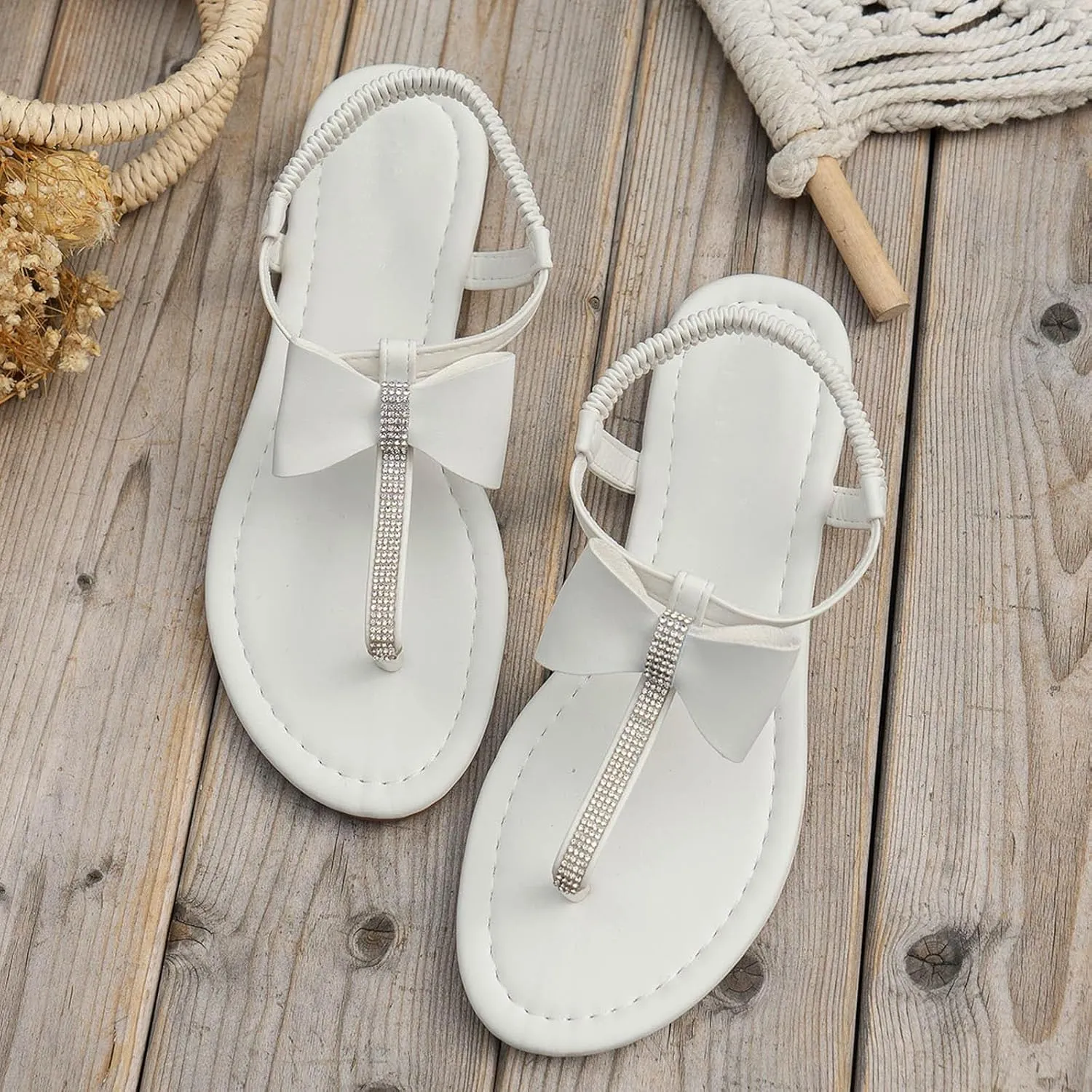 Sparkly Sandals for Women Dressy,Womens Strappy Sandals Comfortable Walking Flip Flops Comfort Walking Slip on Casual Summer Beach Shoes Ankle Elastic 𝐉eweled Bohemian Flat 𝐆ladiator Sandals