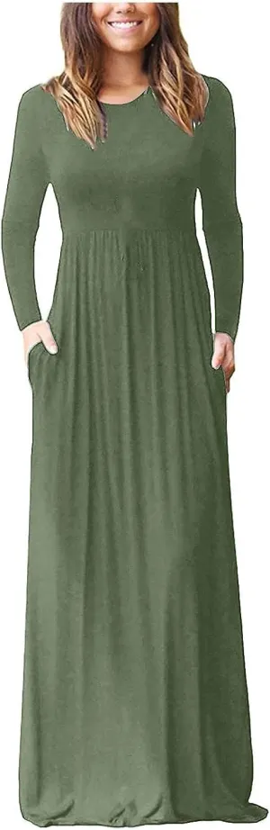 Spring Dresses Women Casual Long Sleeve Striped Loose Fit Pleated Maxi Dress with Pockets Spring Fall Outfit Basic Clothes