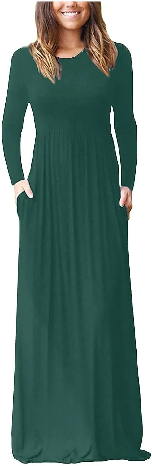 Spring Dresses Women Casual Long Sleeve Striped Loose Fit Pleated Maxi Dress with Pockets Spring Fall Outfit Basic Clothes