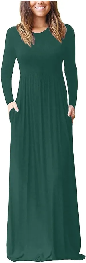 Spring Dresses Women Casual Long Sleeve Striped Loose Fit Pleated Maxi Dress with Pockets Spring Fall Outfit Basic Clothes