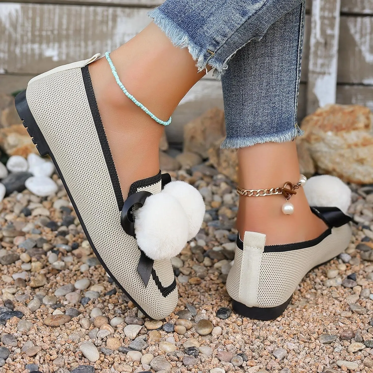 Square Toe Flats for Women Knit Dress Flats Dressy Ballet Flat Slip On Loafers Business Casual Flats Office Shoes