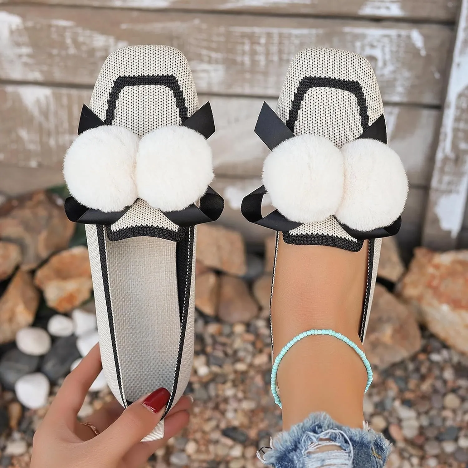 Square Toe Flats for Women Knit Dress Flats Dressy Ballet Flat Slip On Loafers Business Casual Flats Office Shoes