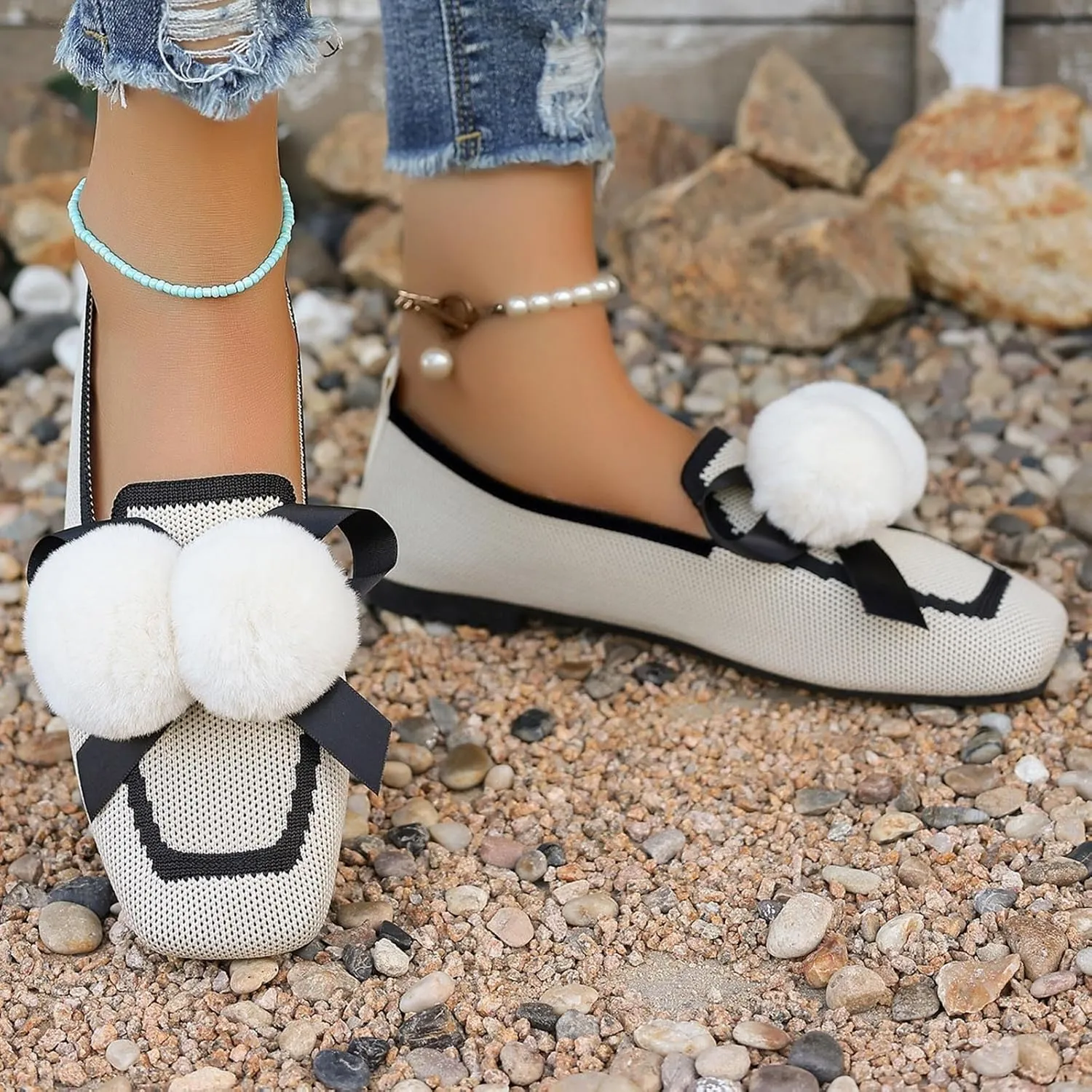 Square Toe Flats for Women Knit Dress Flats Dressy Ballet Flat Slip On Loafers Business Casual Flats Office Shoes