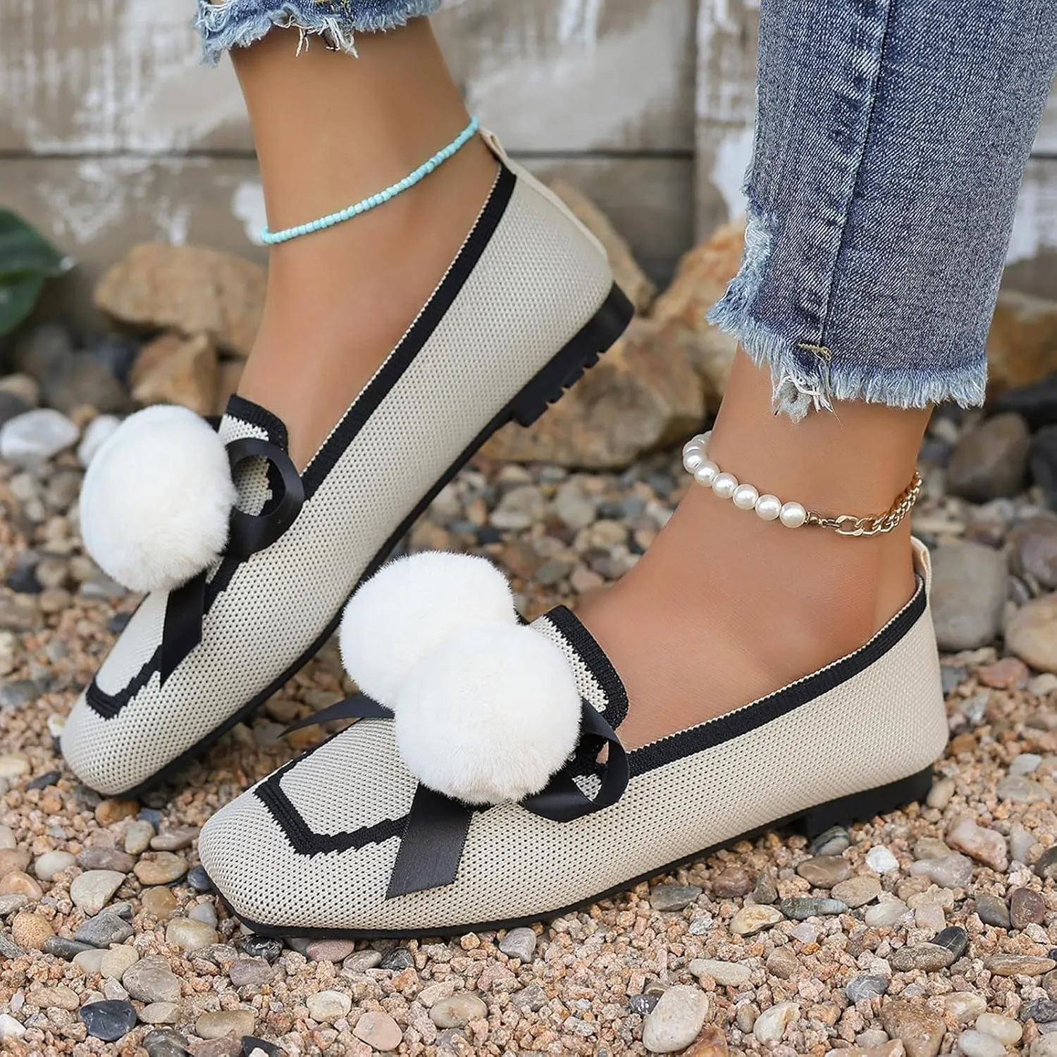 Square Toe Flats for Women Knit Dress Flats Dressy Ballet Flat Slip On Loafers Business Casual Flats Office Shoes