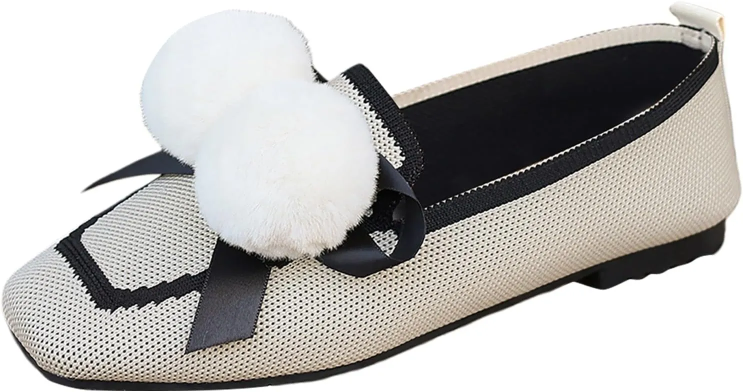 Square Toe Flats for Women Knit Dress Flats Dressy Ballet Flat Slip On Loafers Business Casual Flats Office Shoes