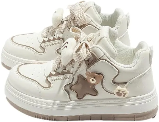 Star Shoes Walking Sneakers Women Big Head Y2K Aesthetic Cute Chunky Stars Gift Fish Bear Cat Charms Premium Fabric Padded Toe Comfort Insole Anti-Slip US4-8