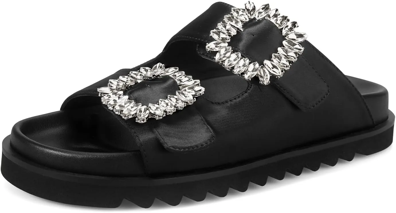 STUNAHOME Women's Flat Platform Sandals Adjustable Double Strap Slip on Leather Open Toe Footbed Sandals