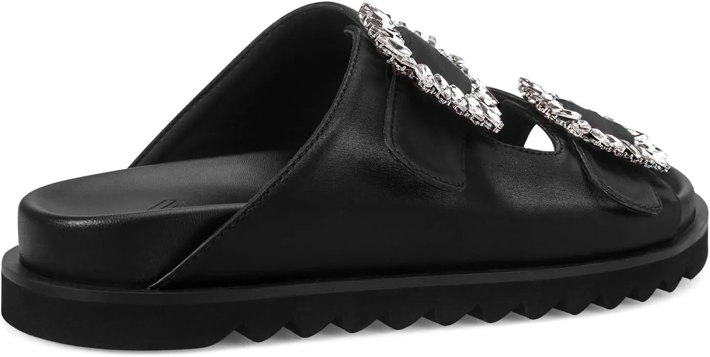 STUNAHOME Women's Flat Platform Sandals Adjustable Double Strap Slip on Leather Open Toe Footbed Sandals