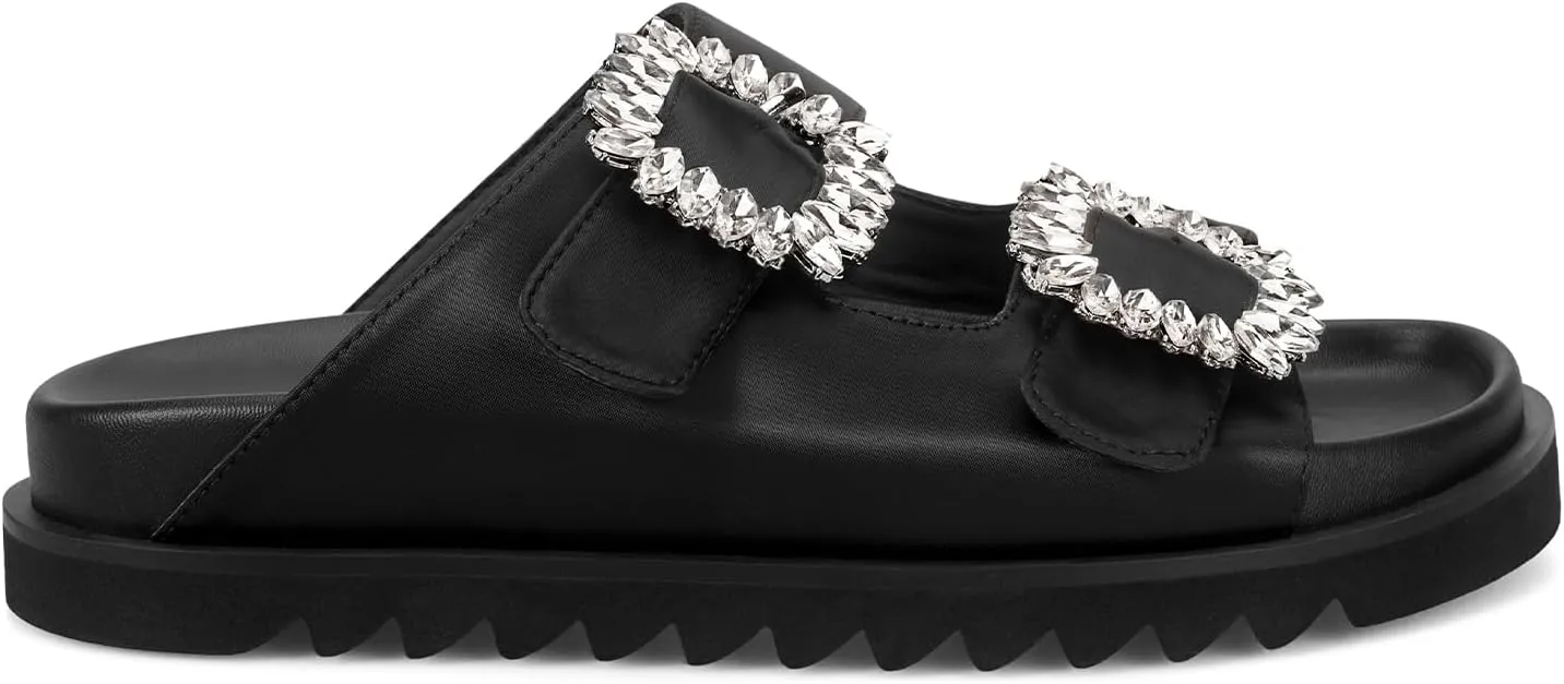 STUNAHOME Women's Flat Platform Sandals Adjustable Double Strap Slip on Leather Open Toe Footbed Sandals