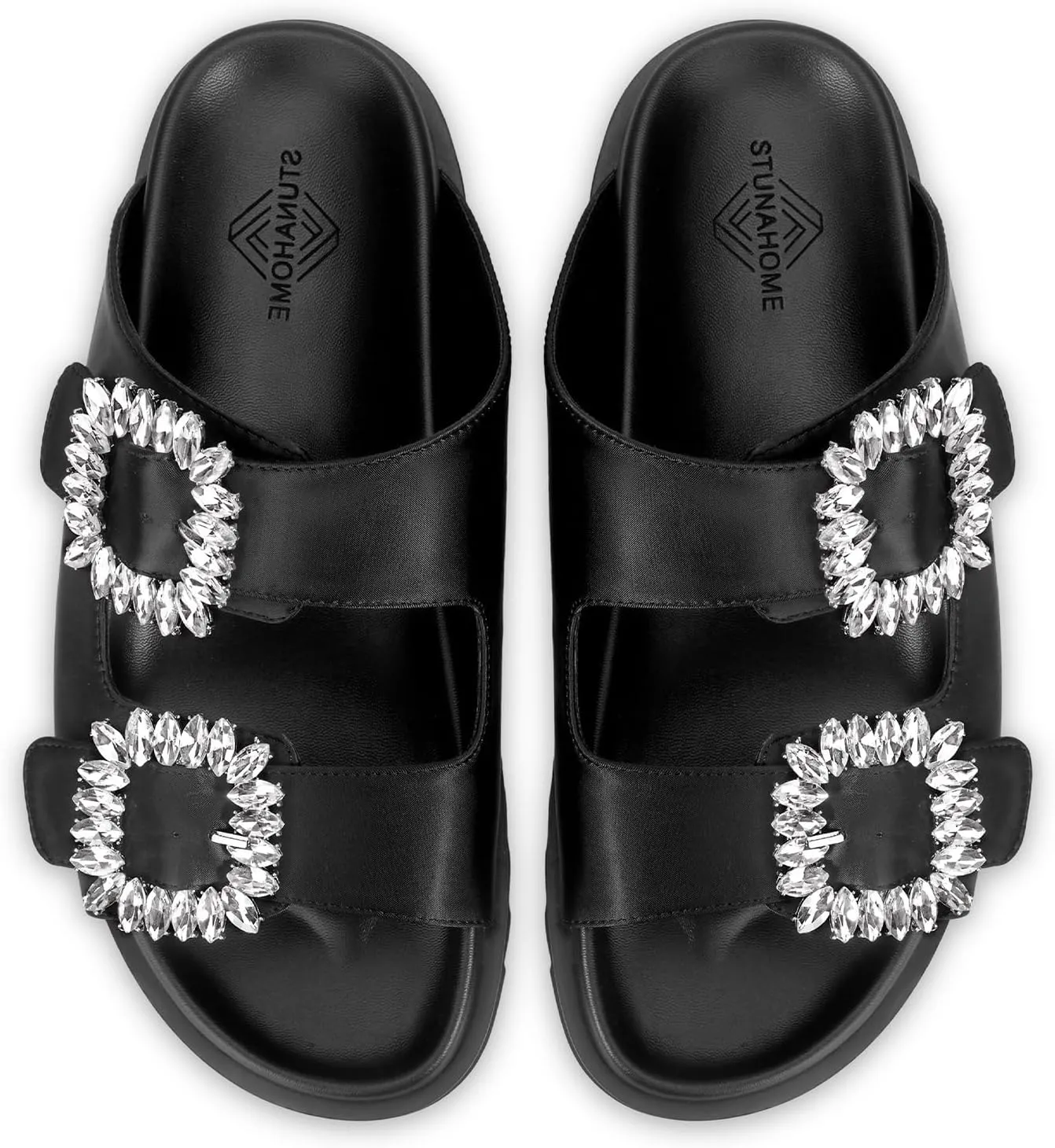 STUNAHOME Women's Flat Platform Sandals Adjustable Double Strap Slip on Leather Open Toe Footbed Sandals