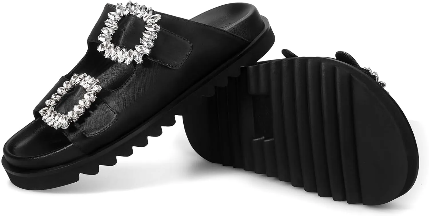 STUNAHOME Women's Flat Platform Sandals Adjustable Double Strap Slip on Leather Open Toe Footbed Sandals