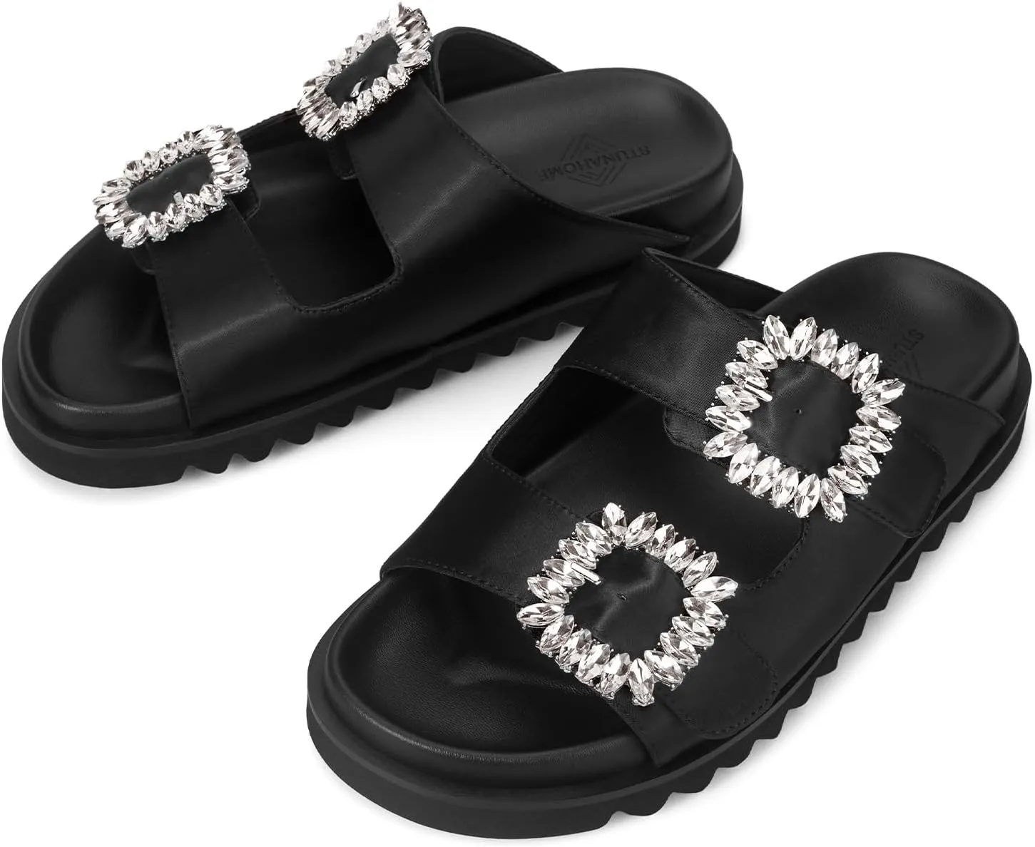 STUNAHOME Women's Flat Platform Sandals Adjustable Double Strap Slip on Leather Open Toe Footbed Sandals