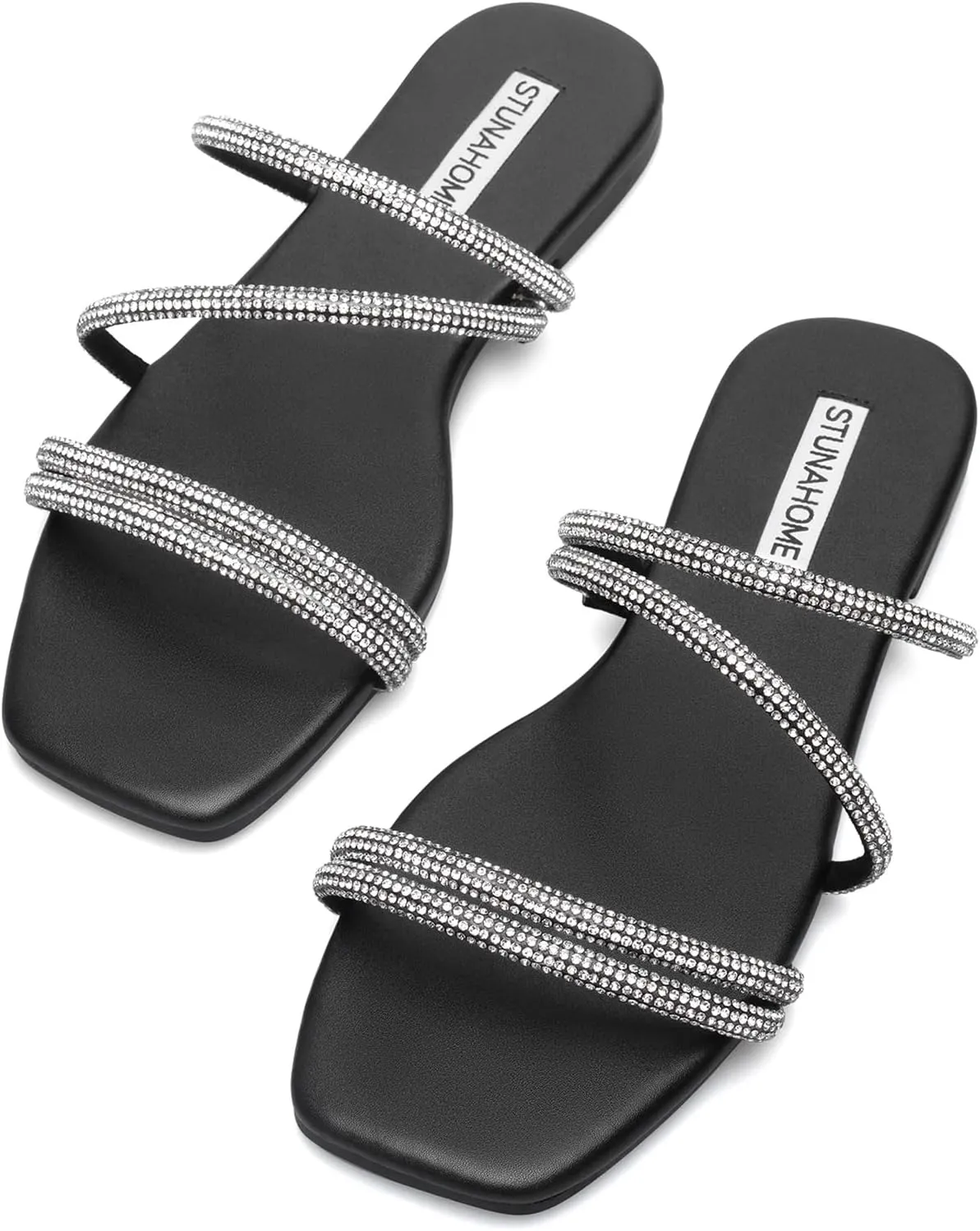 STUNAHOME Women's Rhinestone Thong Flat Sandals Open Toe Slide Sandals with Square Toe Bling Strap