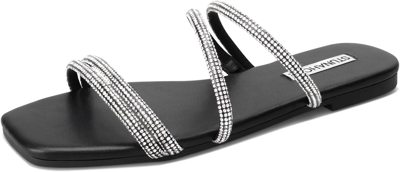 STUNAHOME Women's Rhinestone Thong Flat Sandals Open Toe Slide Sandals with Square Toe Bling Strap