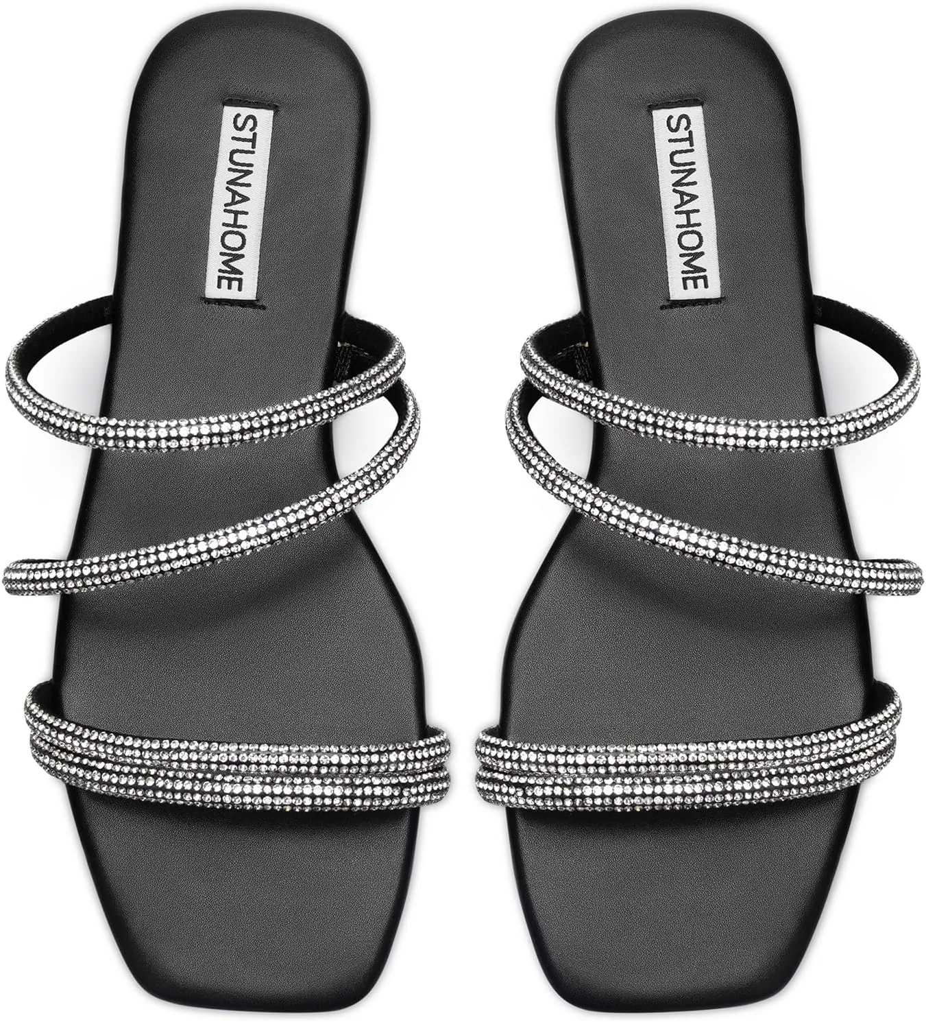 STUNAHOME Women's Rhinestone Thong Flat Sandals Open Toe Slide Sandals with Square Toe Bling Strap