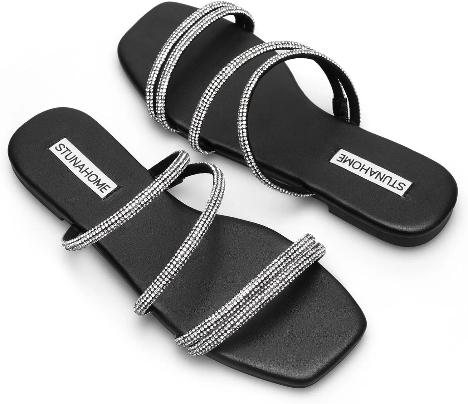 STUNAHOME Women's Rhinestone Thong Flat Sandals Open Toe Slide Sandals with Square Toe Bling Strap