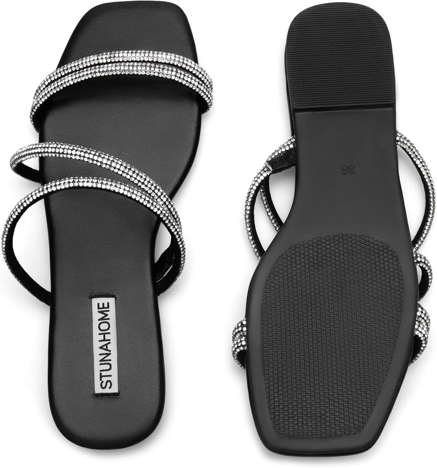 STUNAHOME Women's Rhinestone Thong Flat Sandals Open Toe Slide Sandals with Square Toe Bling Strap
