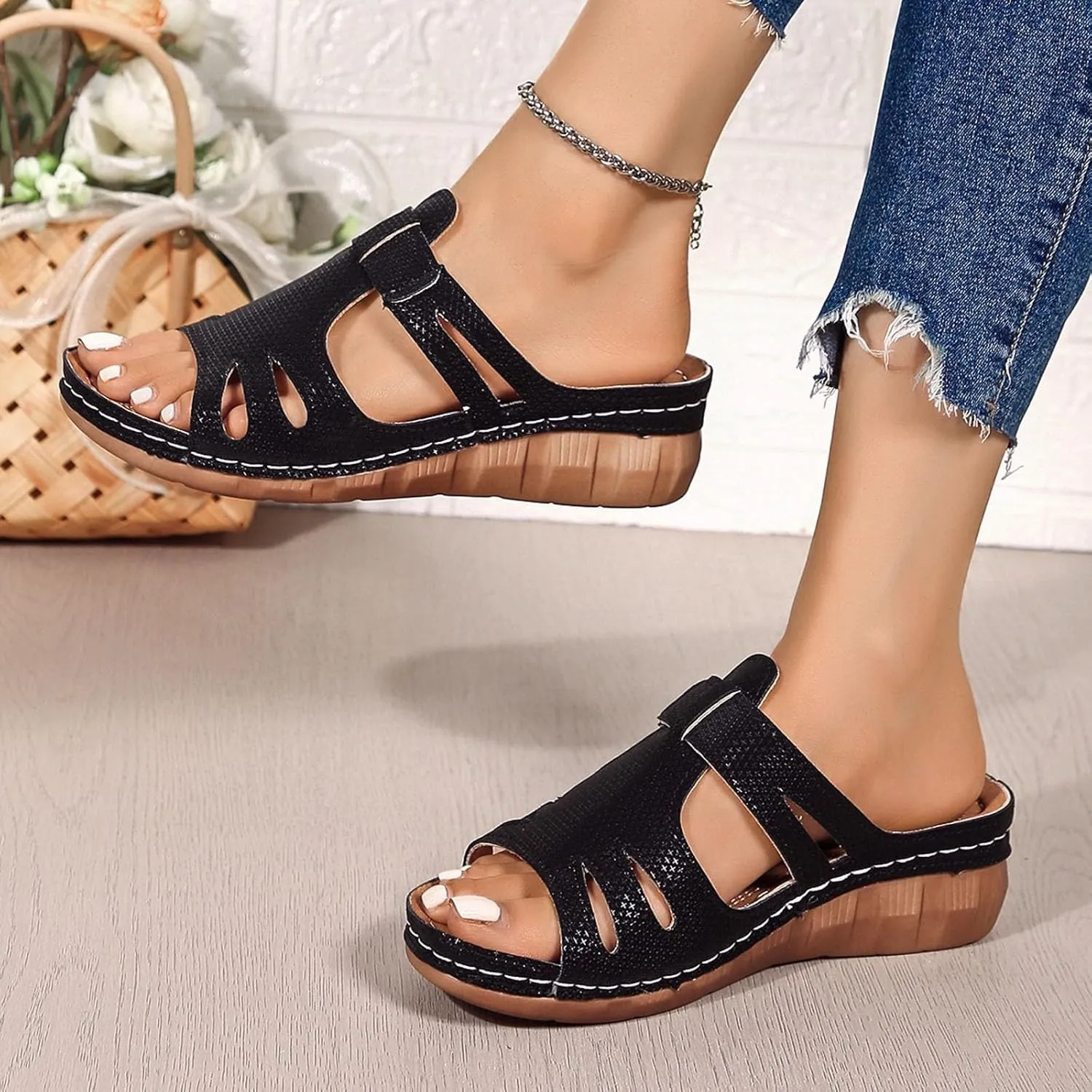 SuanlaTDS Orthopedic Sandals for Women Comfortable Low Heels Open Toe Platform Wedge Walking Shoes Summer Outdoor Dressy Casual Boho Beach Thick Cushion Flat Slip On Slide Sandals