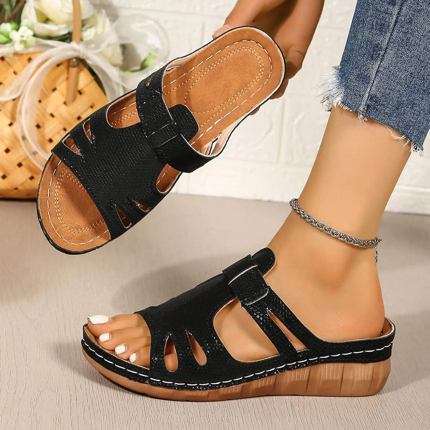 SuanlaTDS Orthopedic Sandals for Women Comfortable Low Heels Open Toe Platform Wedge Walking Shoes Summer Outdoor Dressy Casual Boho Beach Thick Cushion Flat Slip On Slide Sandals