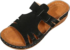SuanlaTDS Orthopedic Sandals for Women Comfortable Low Heels Open Toe Platform Wedge Walking Shoes Summer Outdoor Dressy Casual Boho Beach Thick Cushion Flat Slip On Slide Sandals