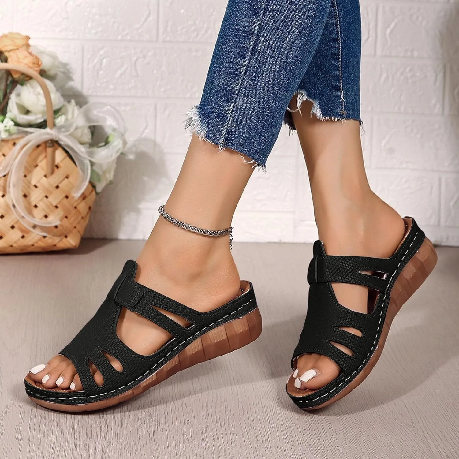 SuanlaTDS Orthopedic Sandals for Women Comfortable Low Heels Open Toe Platform Wedge Walking Shoes Summer Outdoor Dressy Casual Boho Beach Thick Cushion Flat Slip On Slide Sandals