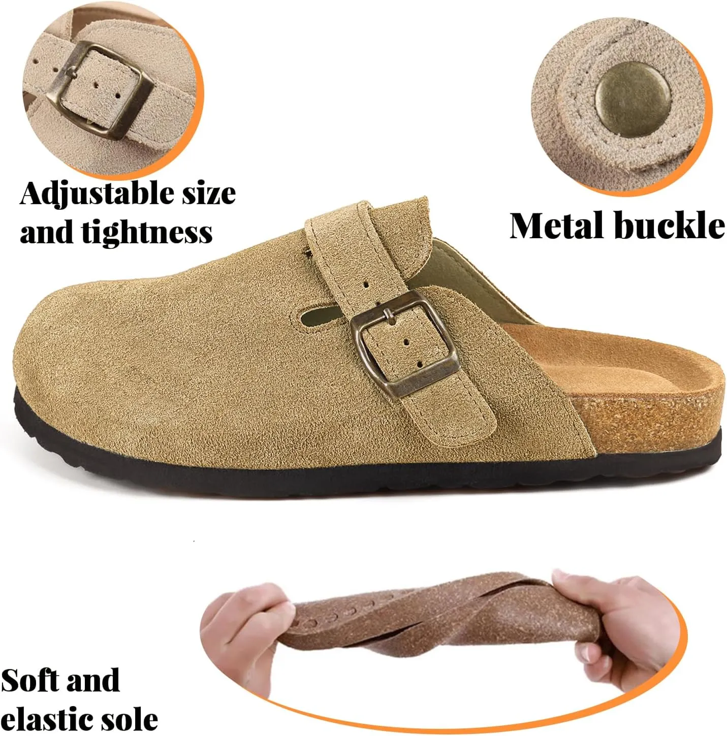 Suede Clogs for Women Clogs Slip on Adjustable Buckle Leather Clogs Cork Footbed Home Clog Slippers with Arch Support Unisex