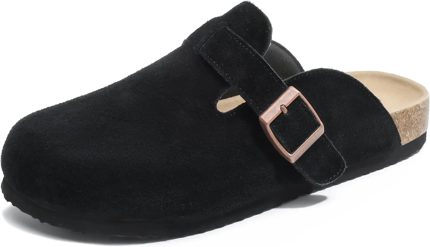 Suede Clogs for Women Leather Mules with Cork Footbed Arch Support Potato Shoes Men Womens Slip-On Clog with Adjustable Buckle Unisex Slippers Flats