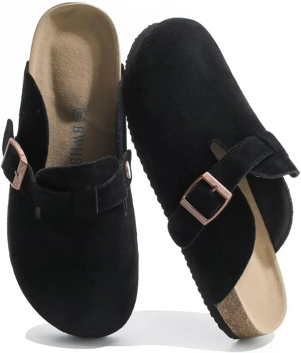 Suede Clogs for Women Leather Mules with Cork Footbed Arch Support Potato Shoes Men Womens Slip-On Clog with Adjustable Buckle Unisex Slippers Flats