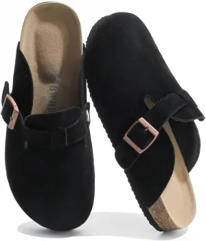 Suede Clogs for Women Leather Mules with Cork Footbed Arch Support Potato Shoes Men Womens Slip-On Clog with Adjustable Buckle Unisex Slippers Flats