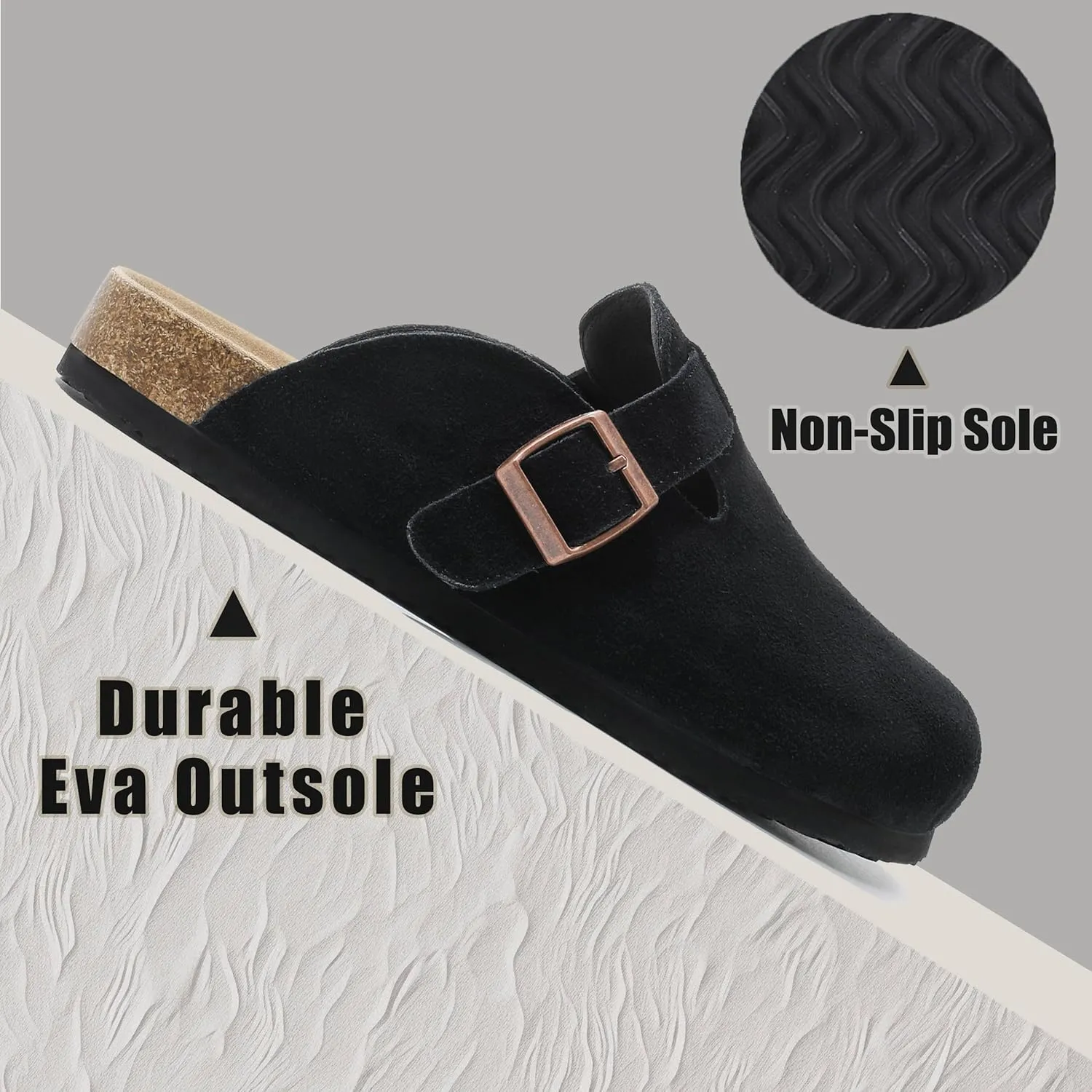 Suede Clogs for Women Leather Mules with Cork Footbed Arch Support Potato Shoes Men Womens Slip-On Clog with Adjustable Buckle Unisex Slippers Flats